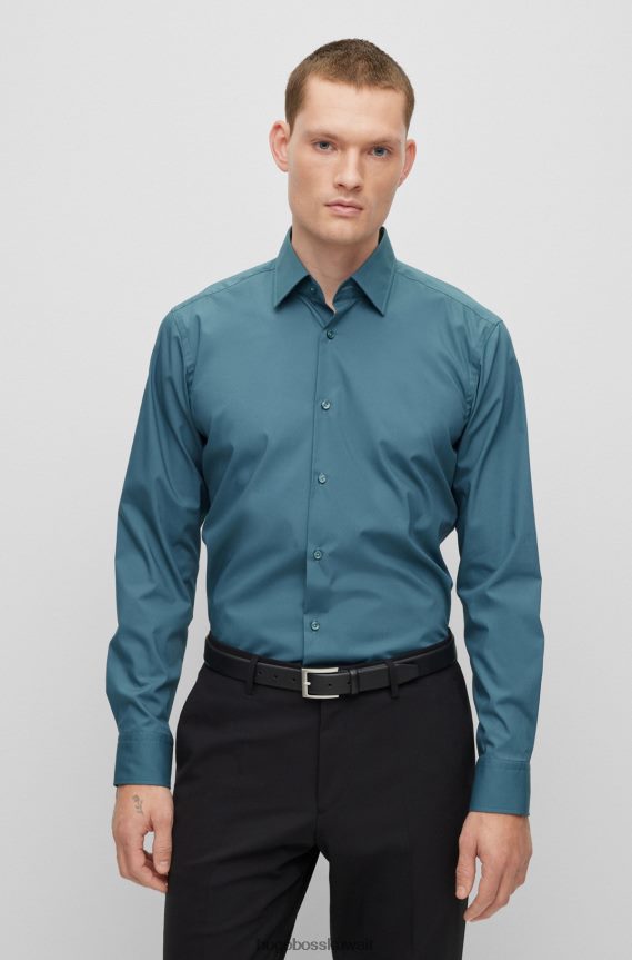 4TFNJN1602 الفيروز Hugo Boss قميص بقصة عادية مصنوع من قماش البوبلين القطني القابل للتمدد وسهل الكي باللون الفيروزي