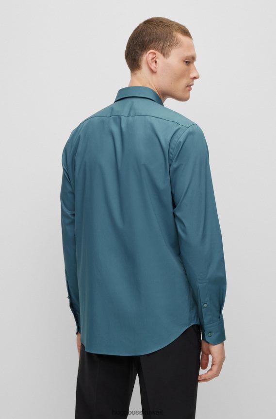 4TFNJN1602 الفيروز Hugo Boss قميص بقصة عادية مصنوع من قماش البوبلين القطني القابل للتمدد وسهل الكي باللون الفيروزي