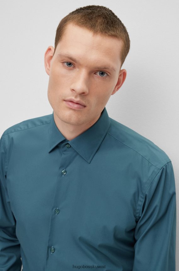 4TFNJN1602 الفيروز Hugo Boss قميص بقصة عادية مصنوع من قماش البوبلين القطني القابل للتمدد وسهل الكي باللون الفيروزي