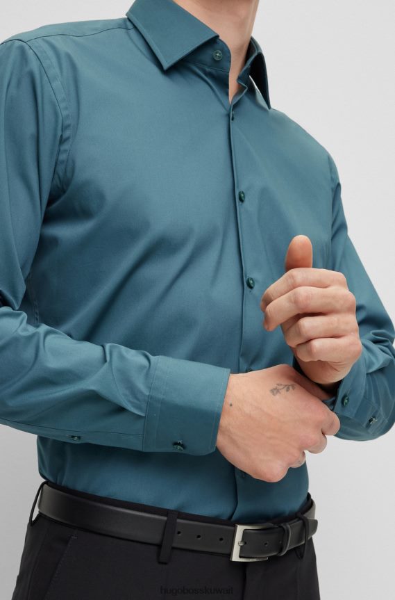 4TFNJN1602 الفيروز Hugo Boss قميص بقصة عادية مصنوع من قماش البوبلين القطني القابل للتمدد وسهل الكي باللون الفيروزي