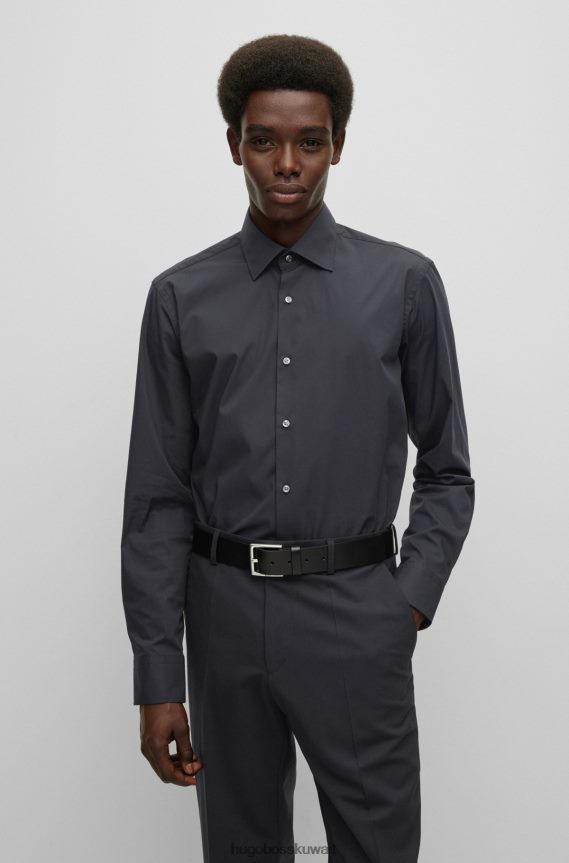 4TFNJN1604 أسود Hugo Boss قميص Hugo أسود بقصة عادية مصنوع من قماش البوبلين القطني المطاطي سهل الكي