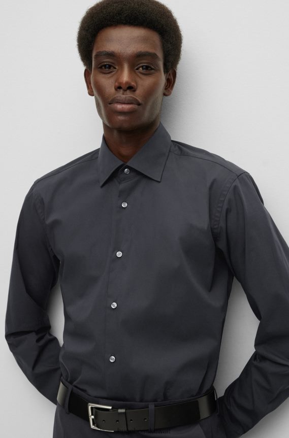 4TFNJN1604 أسود Hugo Boss قميص Hugo أسود بقصة عادية مصنوع من قماش البوبلين القطني المطاطي سهل الكي