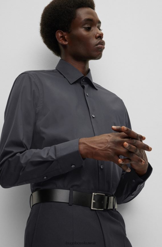 4TFNJN1604 أسود Hugo Boss قميص Hugo أسود بقصة عادية مصنوع من قماش البوبلين القطني المطاطي سهل الكي