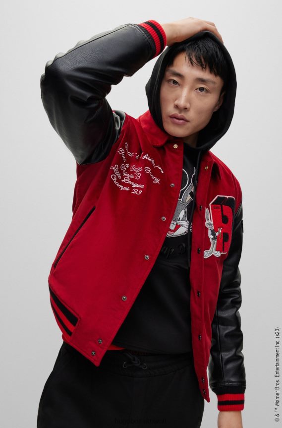 4TFNJN1606 أحمر Hugo Boss لوني تونز × سترة جامعية مريحة