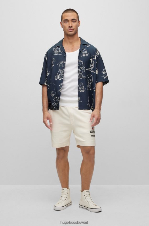 4TFNJN1608 أزرق غامق Hugo Boss قميص x الفول السوداني ذو المقاس العادي مع عمل فني حصري للشعار