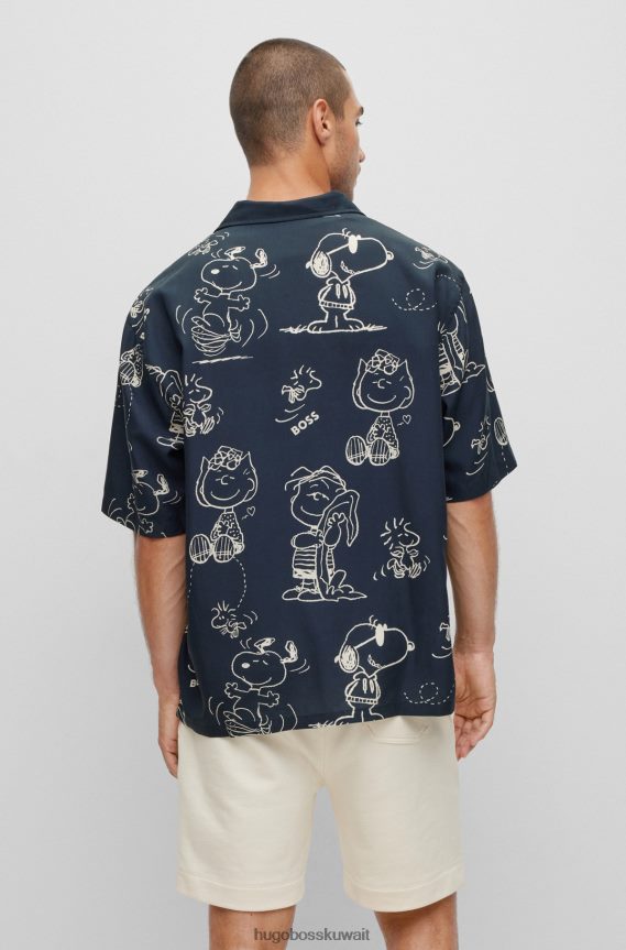 4TFNJN1608 أزرق غامق Hugo Boss قميص x الفول السوداني ذو المقاس العادي مع عمل فني حصري للشعار