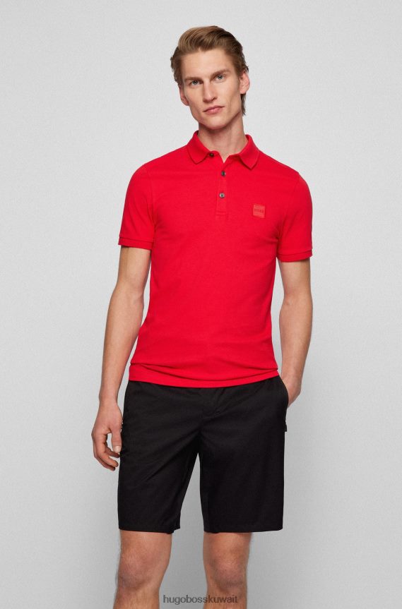 4TFNJN1615 أحمر Hugo Boss قميص بولو أحمر من القطن المطاطي بقصة ضيقة مع رقعة شعار Hugo