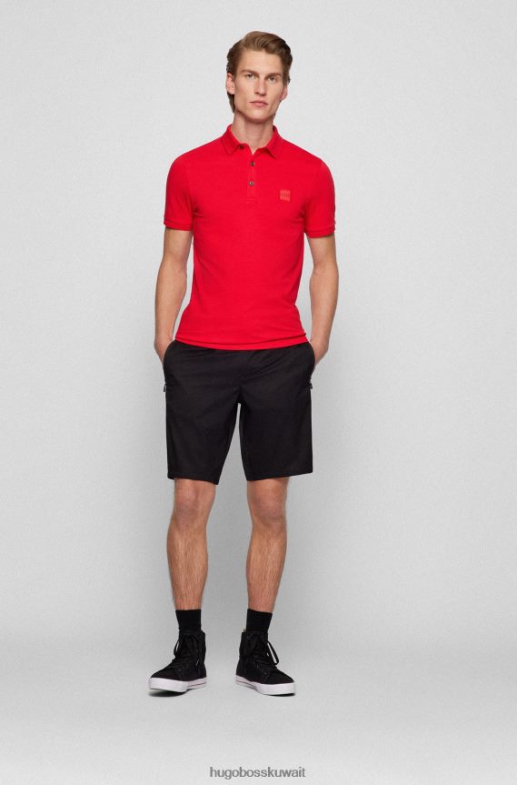 4TFNJN1615 أحمر Hugo Boss قميص بولو أحمر من القطن المطاطي بقصة ضيقة مع رقعة شعار Hugo