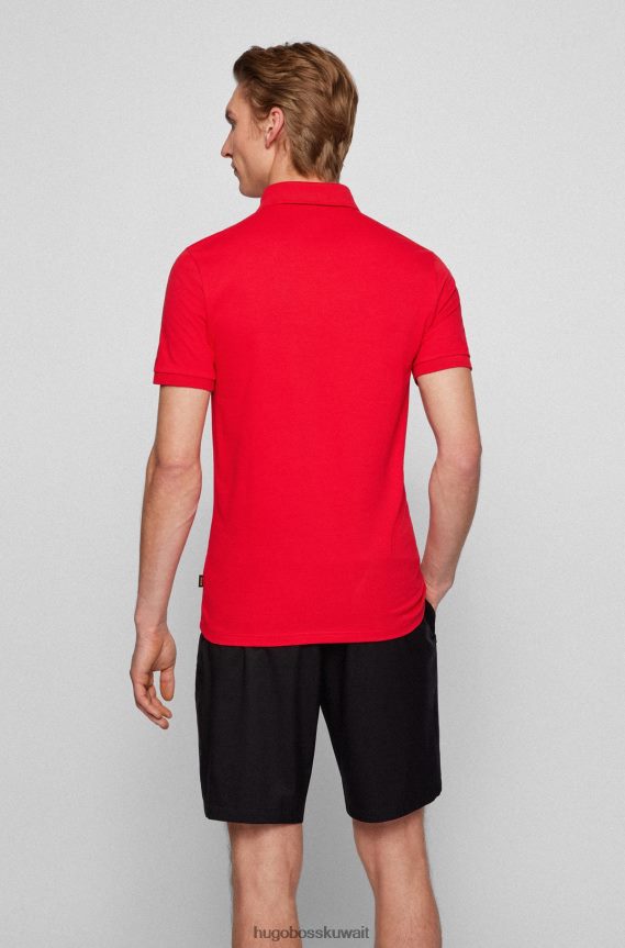 4TFNJN1615 أحمر Hugo Boss قميص بولو أحمر من القطن المطاطي بقصة ضيقة مع رقعة شعار Hugo
