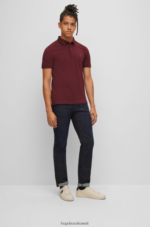 4TFNJN1616 احمر غامق Hugo Boss قميص بولو من القطن المطاطي بقصة ضيقة مع رقعة شعار هوغو باللون الأحمر الداكن