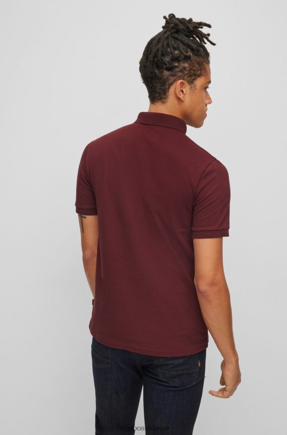 4TFNJN1616 احمر غامق Hugo Boss قميص بولو من القطن المطاطي بقصة ضيقة مع رقعة شعار هوغو باللون الأحمر الداكن