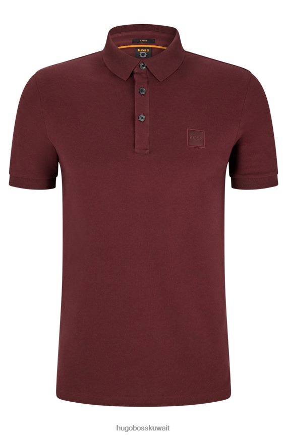 4TFNJN1616 احمر غامق Hugo Boss قميص بولو من القطن المطاطي بقصة ضيقة مع رقعة شعار هوغو باللون الأحمر الداكن