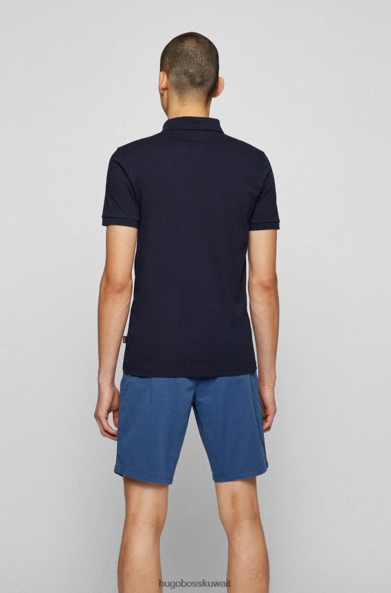 4TFNJN1619 أزرق غامق Hugo Boss قميص بولو من هوغو مصنوع من القطن المطاطي بقصة ضيقة مع رقعة شعار باللون الأزرق الداكن