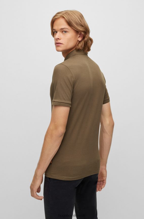 4TFNJN1622 أخضر غامق Hugo Boss قميص بولو من القطن المطاطي بقصة ضيقة مع رقعة شعار Hugo باللون الأخضر الداكن