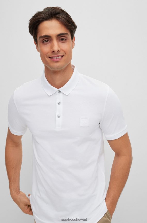 4TFNJN1624 أبيض Hugo Boss قميص بولو أبيض من القطن المطاطي بقصة ضيقة مع رقعة الشعار من Hugo