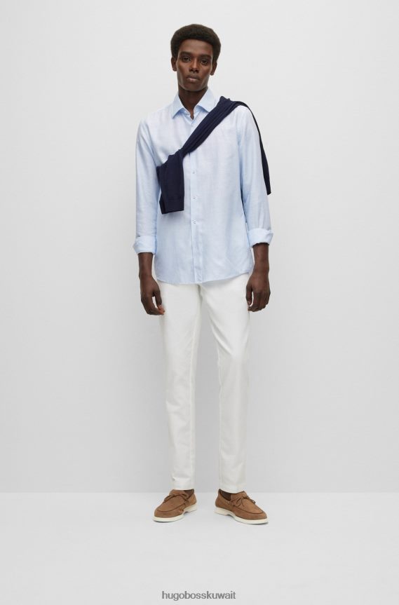 4TFNJN1628 أزرق فاتح Hugo Boss قميص بقصة ضيقة من مزيج الكتان المغسول باللون الأزرق الفاتح
