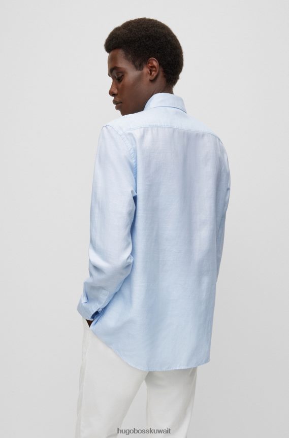 4TFNJN1628 أزرق فاتح Hugo Boss قميص بقصة ضيقة من مزيج الكتان المغسول باللون الأزرق الفاتح