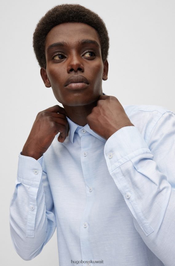 4TFNJN1628 أزرق فاتح Hugo Boss قميص بقصة ضيقة من مزيج الكتان المغسول باللون الأزرق الفاتح