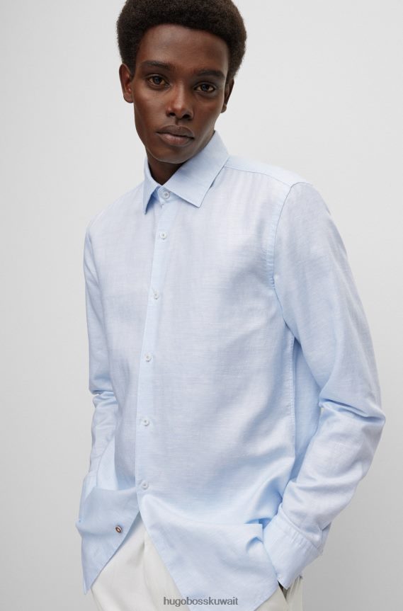 4TFNJN1628 أزرق فاتح Hugo Boss قميص بقصة ضيقة من مزيج الكتان المغسول باللون الأزرق الفاتح
