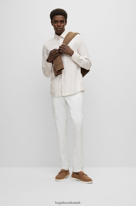 4TFNJN1629 البيج الفاتح Hugo Boss قميص هوغو ذو قصة ضيقة باللون البيج الفاتح مصنوع من مزيج الكتان المغسول