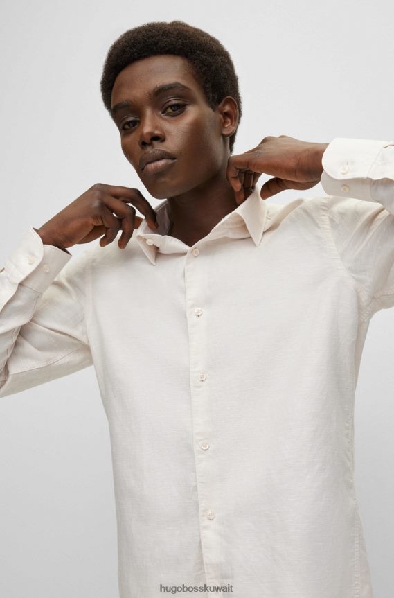 4TFNJN1629 البيج الفاتح Hugo Boss قميص هوغو ذو قصة ضيقة باللون البيج الفاتح مصنوع من مزيج الكتان المغسول