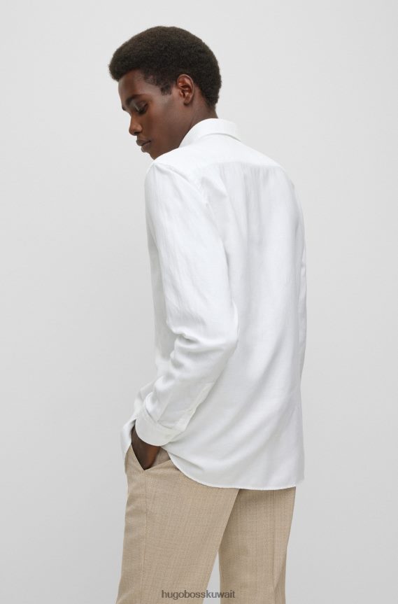 4TFNJN1630 أبيض Hugo Boss قميص هوغو الأبيض النحيف مصنوع من مزيج الكتان المغسول
