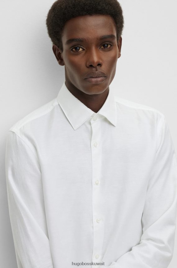 4TFNJN1630 أبيض Hugo Boss قميص هوغو الأبيض النحيف مصنوع من مزيج الكتان المغسول