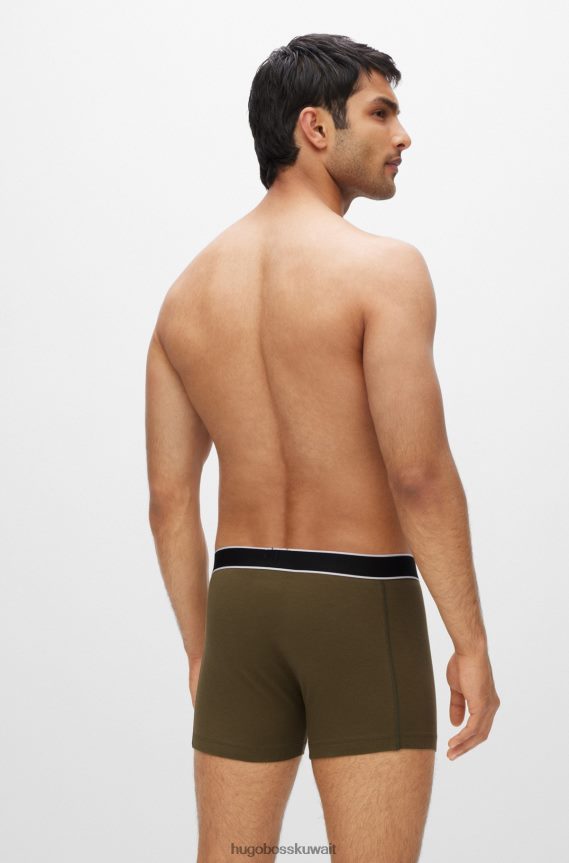 4TFNJN1632 أخضر غامق Hugo Boss جذوع من القطن المطاطي مع الشعارات والخطوط الخضراء الداكنة