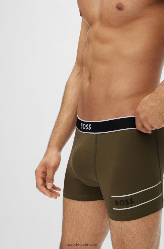 4TFNJN1632 أخضر غامق Hugo Boss جذوع من القطن المطاطي مع الشعارات والخطوط الخضراء الداكنة