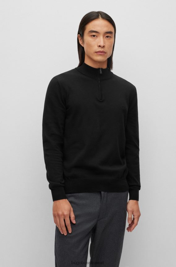 4TFNJN1638 أسود Hugo Boss سترة من القطن العضوي برقبة بسحاب مع شعار مطرز باللون الأسود