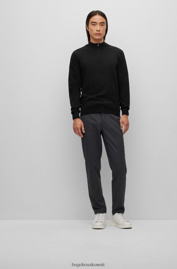 4TFNJN1638 أسود Hugo Boss سترة من القطن العضوي برقبة بسحاب مع شعار مطرز باللون الأسود