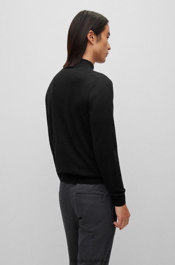 4TFNJN1638 أسود Hugo Boss سترة من القطن العضوي برقبة بسحاب مع شعار مطرز باللون الأسود