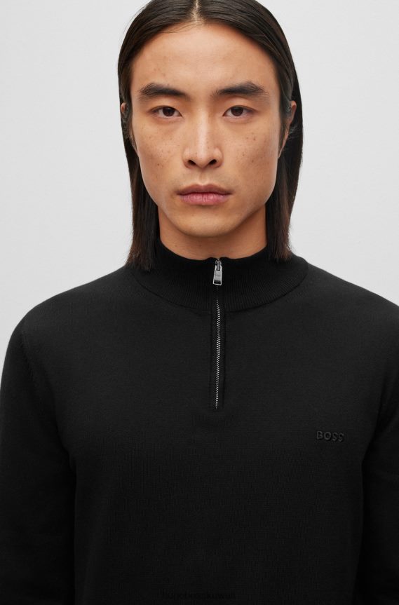 4TFNJN1638 أسود Hugo Boss سترة من القطن العضوي برقبة بسحاب مع شعار مطرز باللون الأسود