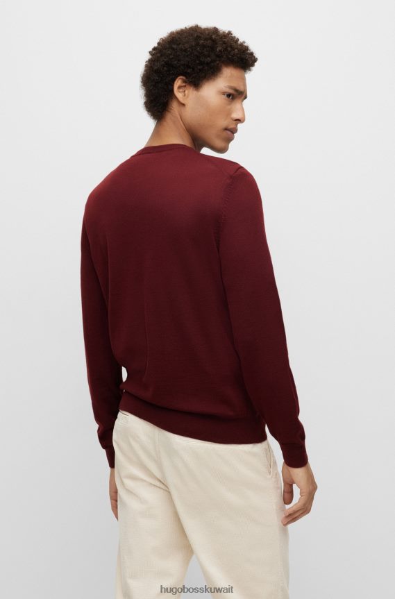 4TFNJN1640 احمر غامق Hugo Boss سترة مطرزة بشعار الماركة من الصوف المسؤول هوغو باللون الأحمر الداكن