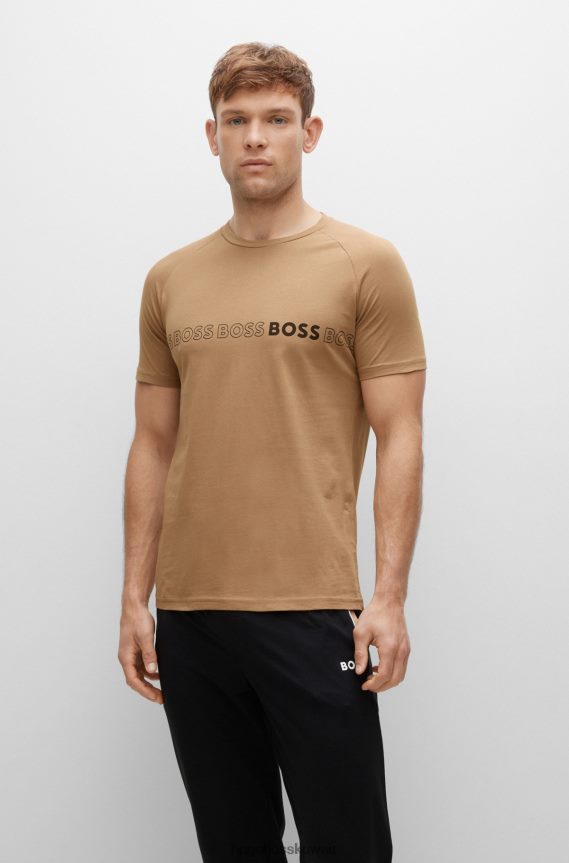 4TFNJN1651 اللون البيج Hugo Boss تي شيرت من الجيرسي القطني باللون البيج بقصة ضيقة مع حماية من الأشعة فوق البنفسجية 50
