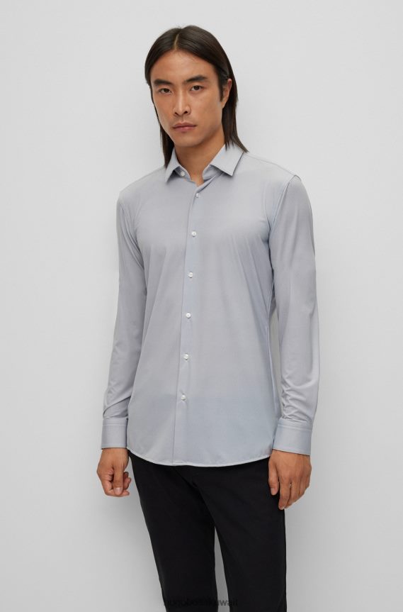 4TFNJN1656 رمادي Hugo Boss قميص بقصة ضيقة مصنوع من الجيرسيه المطاطي ذو الأداء المختلط باللون الرمادي هوغو