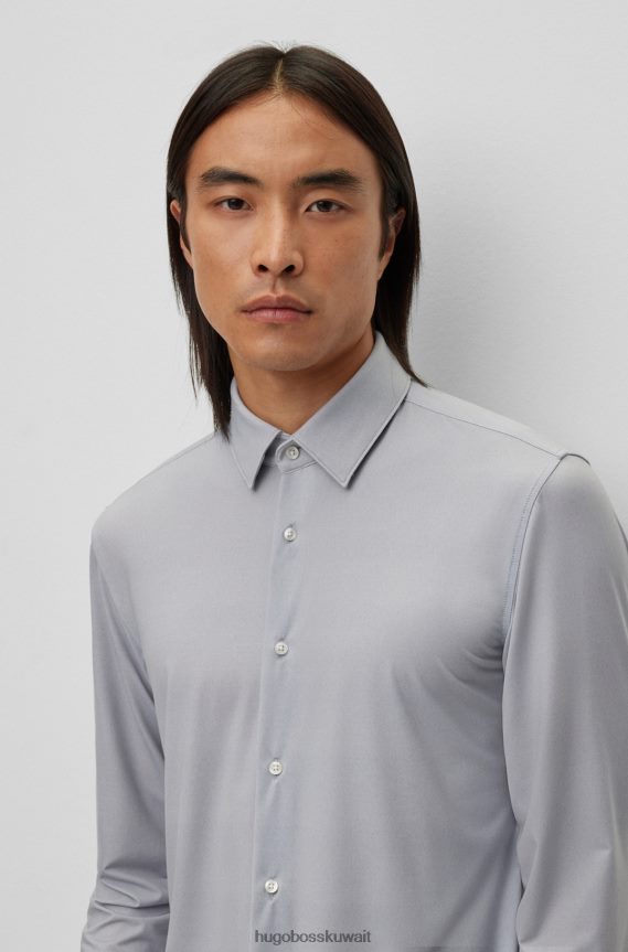 4TFNJN1656 رمادي Hugo Boss قميص بقصة ضيقة مصنوع من الجيرسيه المطاطي ذو الأداء المختلط باللون الرمادي هوغو