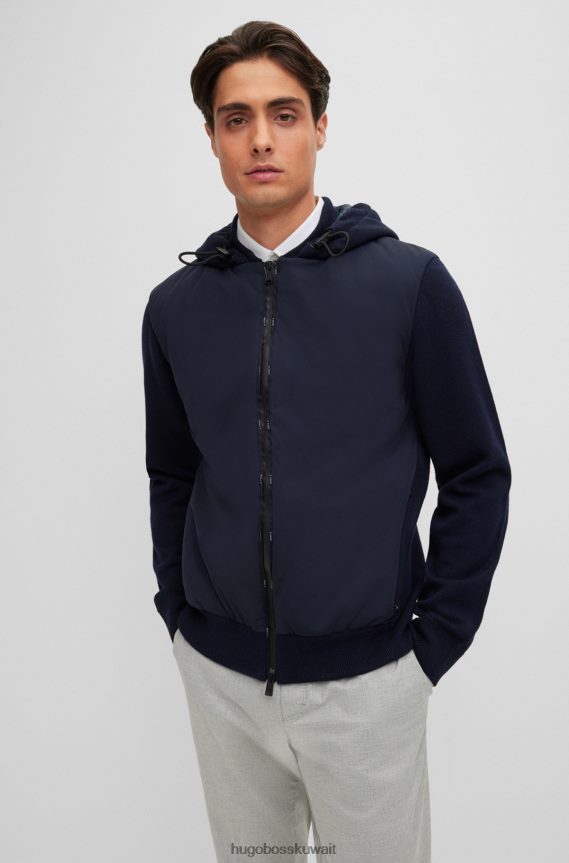 4TFNJN1658 أزرق غامق Hugo Boss سترة هجينة بغطاء رأس مع سحاب مقاوم للماء مزين بشعار Hugo باللون الأزرق الداكن