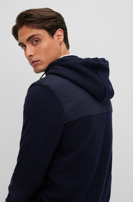 4TFNJN1658 أزرق غامق Hugo Boss سترة هجينة بغطاء رأس مع سحاب مقاوم للماء مزين بشعار Hugo باللون الأزرق الداكن