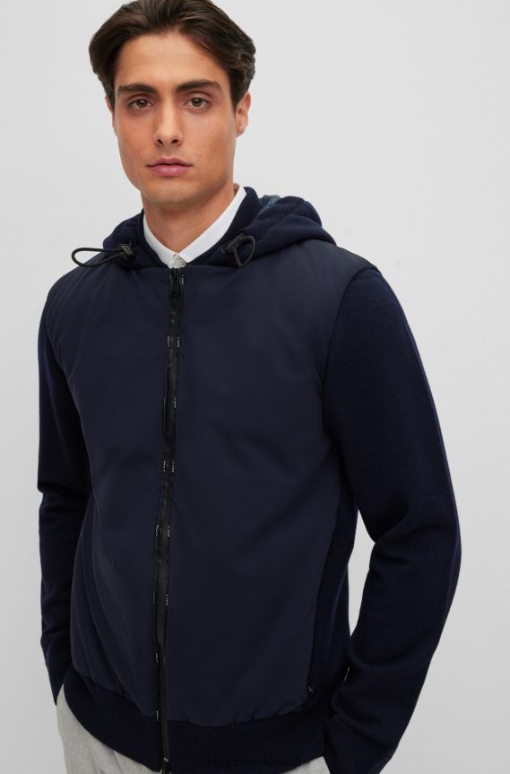 4TFNJN1658 أزرق غامق Hugo Boss سترة هجينة بغطاء رأس مع سحاب مقاوم للماء مزين بشعار Hugo باللون الأزرق الداكن