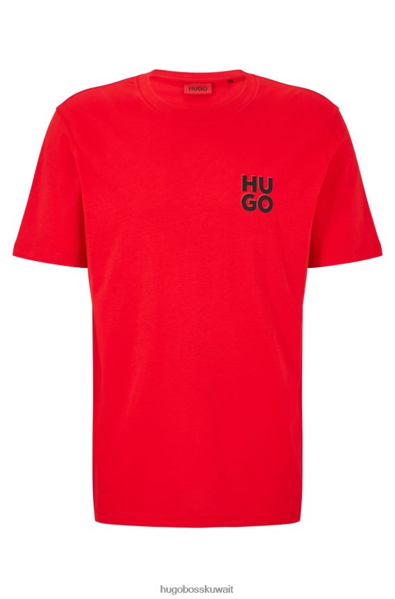 4TFNJN1660 أحمر Hugo Boss تيشيرت هوغو من الجيرسي القطني باللون الأحمر مع طباعة شعار مكدس