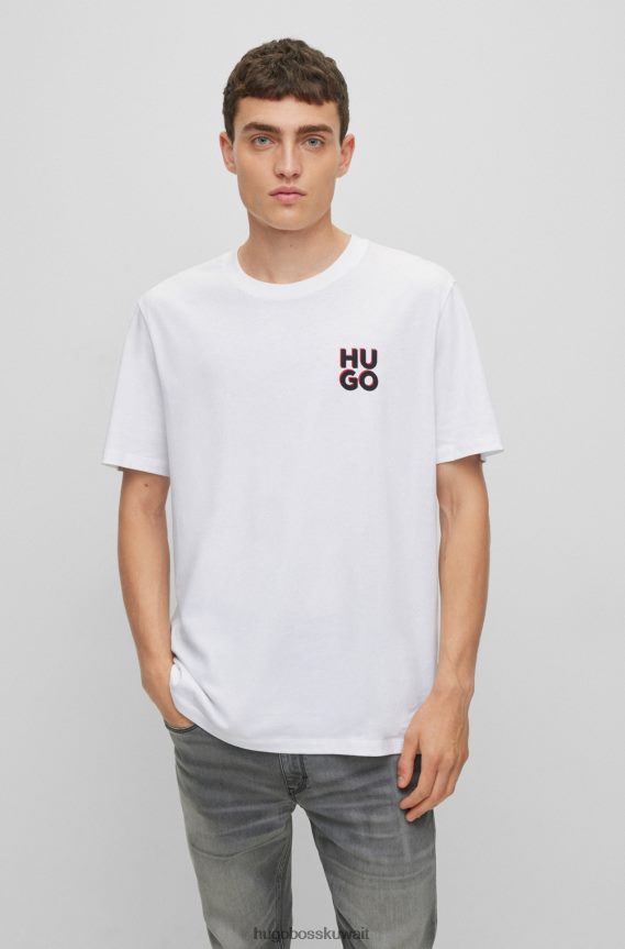 4TFNJN1662 أبيض Hugo Boss تي شيرت من الجيرسي القطني مع طباعة شعار مكدس باللون الأبيض