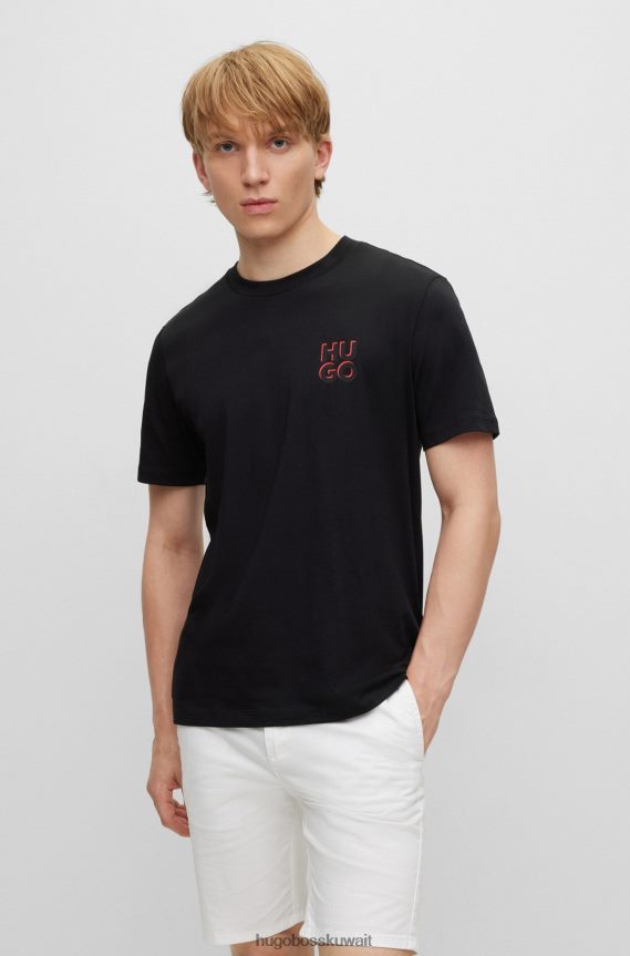4TFNJN1664 أسود Hugo Boss تيشيرت من الجيرسي القطني مع طباعة شعار مكدس باللون الأسود