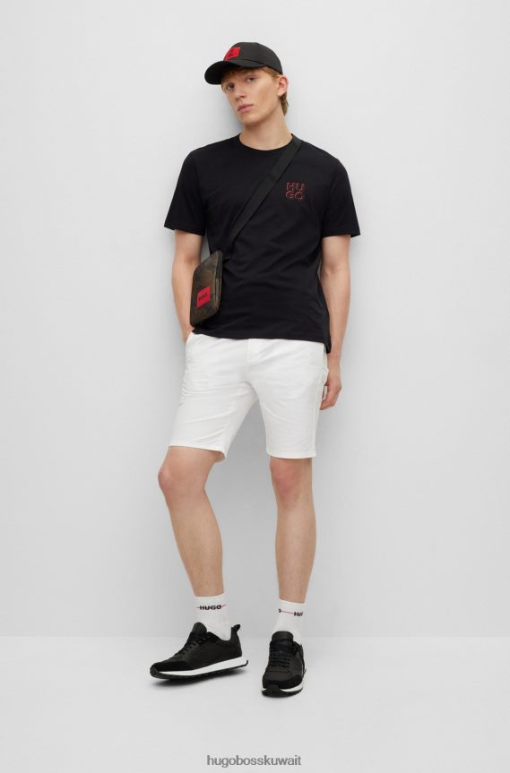 4TFNJN1664 أسود Hugo Boss تيشيرت من الجيرسي القطني مع طباعة شعار مكدس باللون الأسود