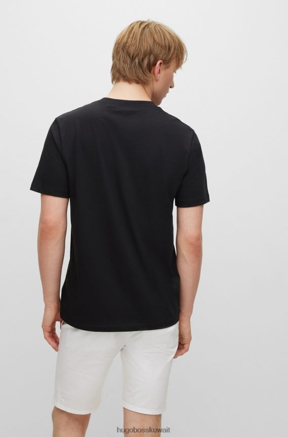 4TFNJN1664 أسود Hugo Boss تيشيرت من الجيرسي القطني مع طباعة شعار مكدس باللون الأسود