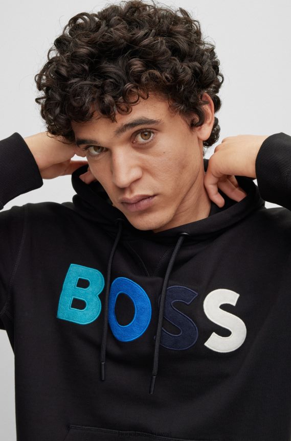 4TFNJN1665 أسود Hugo Boss هودي أسود من قطن تيري بقصة مريحة مع شعار الصوف