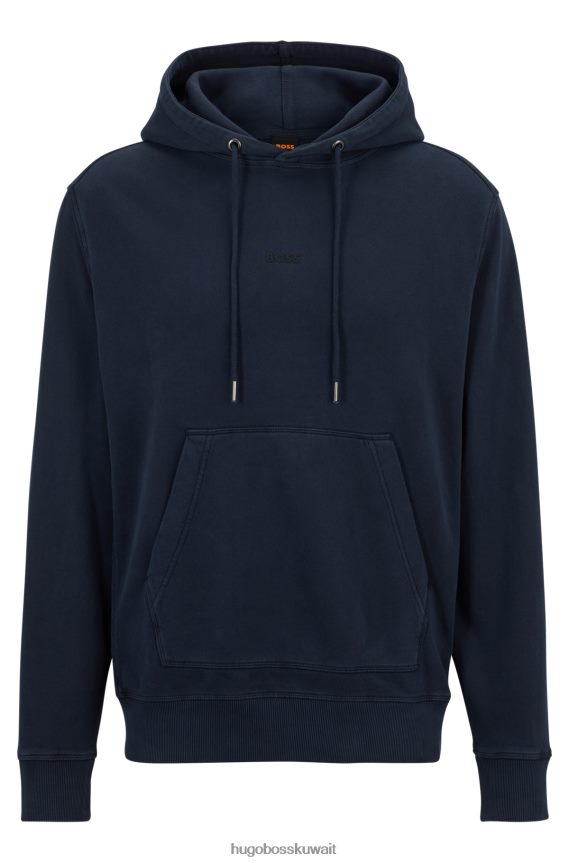 4TFNJN1677 أزرق غامق Hugo Boss سترة بغطاء للرأس من قطن تيري مصبوغ باللون الأزرق الداكن مع شعار متناغم