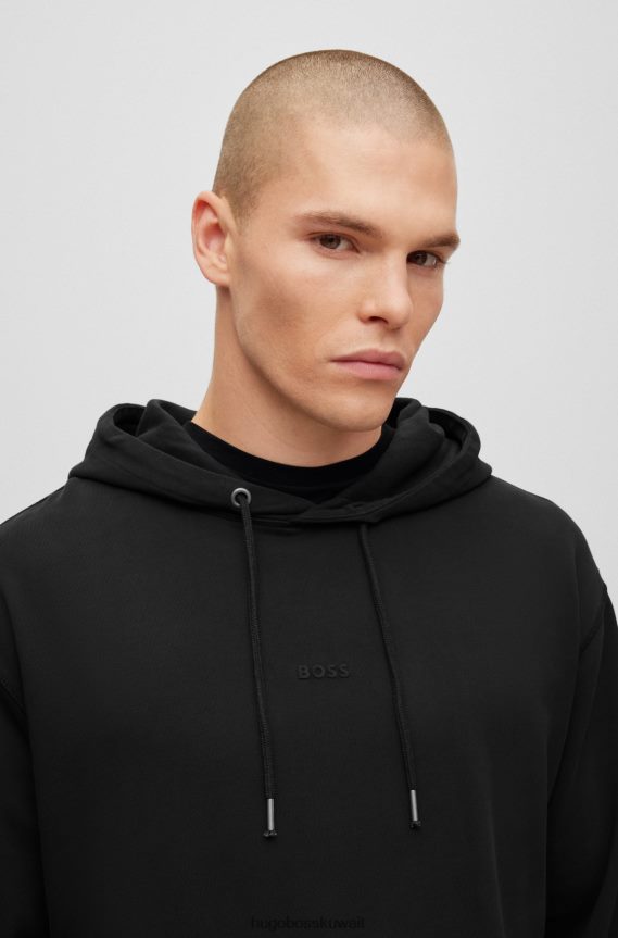 4TFNJN1681 أسود Hugo Boss سترة بغطاء للرأس من قطن تيري مصبوغ باللون الأسود مع شعار هوغو