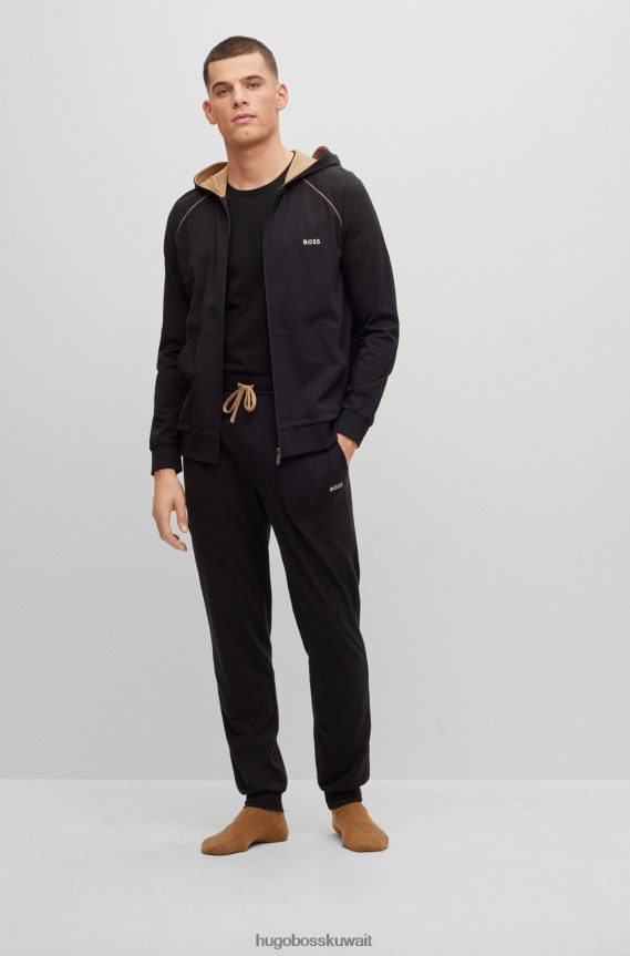 4TFNJN1686 أسود Hugo Boss تي شيرت من القطن المطاطي بقصة عادية مع شعار متباين باللون الأسود