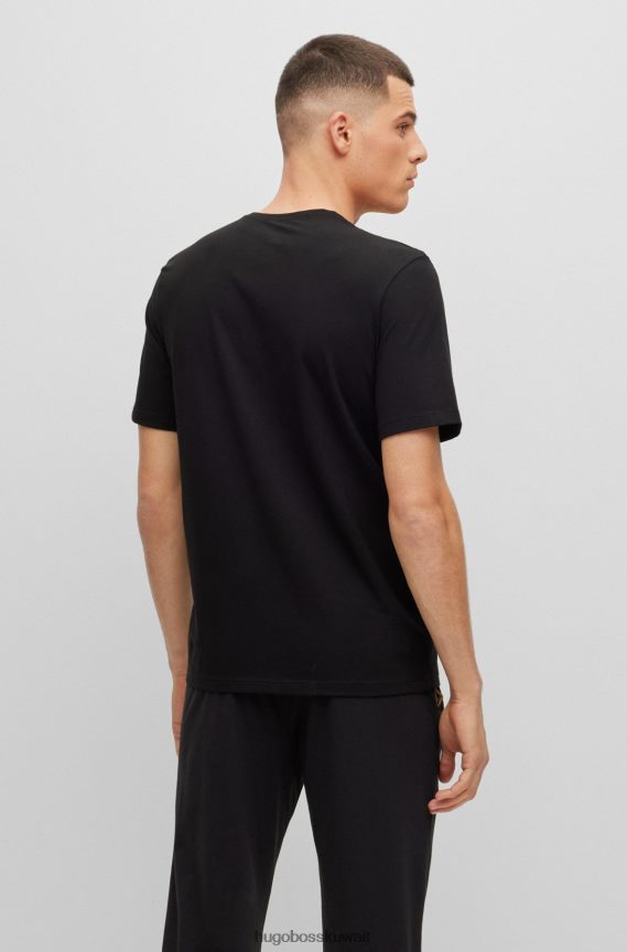 4TFNJN1686 أسود Hugo Boss تي شيرت من القطن المطاطي بقصة عادية مع شعار متباين باللون الأسود